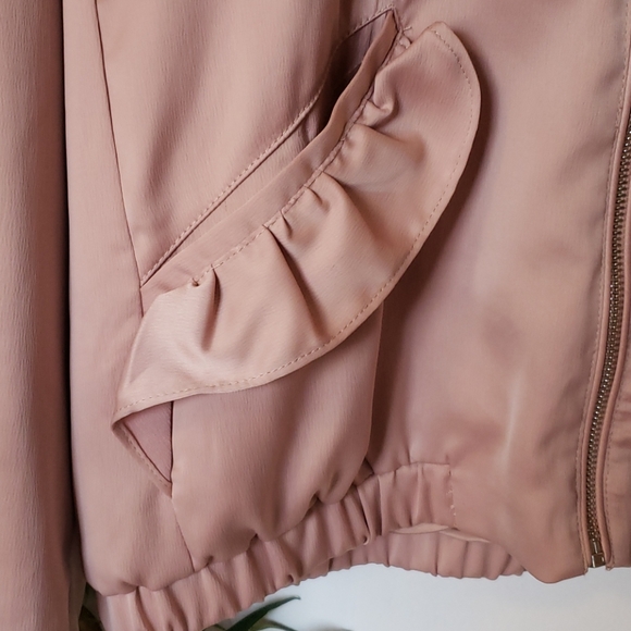 Pink Satin Bomber Jacket Ruffle Detail - Picture 3 of 8